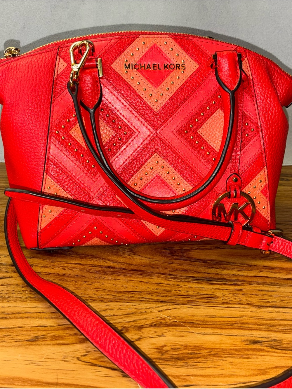 Michael Kors Red and Coral Leather Satchel with Gold Hardware